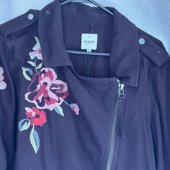 Kensie Black Floral Embroidered Moto Jacket Asymmetrical Zipper Size large - Picture 6 of 13